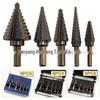 5-Piece Black & Gold Triangular Shank HSS Step Drill Bit Set In Aluminum Box