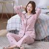 Women's Plus Size Pure Cotton Pajamas: Long-Sleeved, Loose-Fit with Small Lapel, Suitable for Spring and Autumn, Wear Indoors or Outdoors.