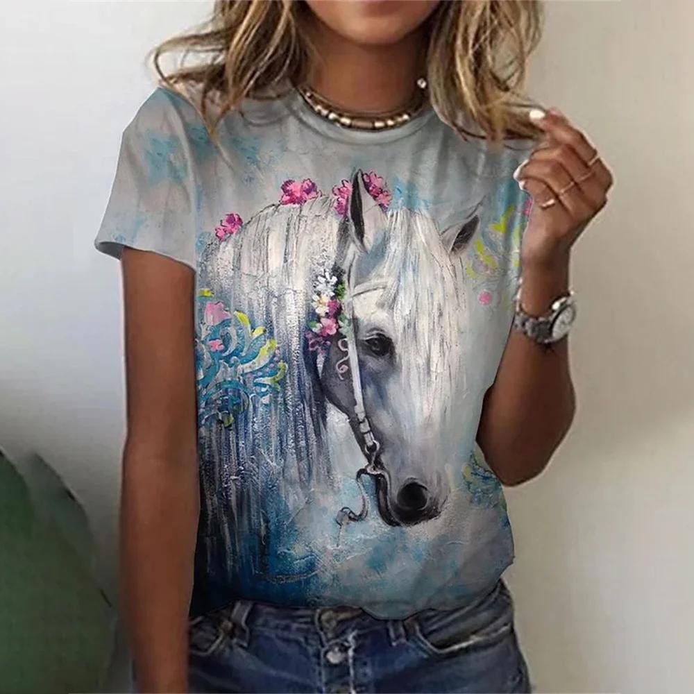 Summer Horse 3d Print T-shirts Women Streetwear Casual Fashion Oversized Short Sleeve Y2k O-neck Kids Tees Tops Clothing