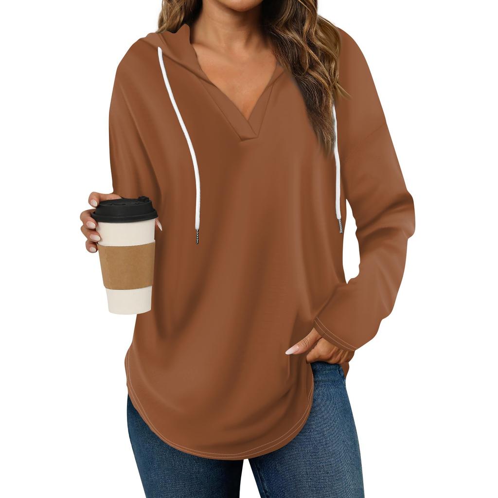 Women's Fashion Hoodies V Neck Long Sleeve Solid Drawstring Casual Loose Pullover Tops