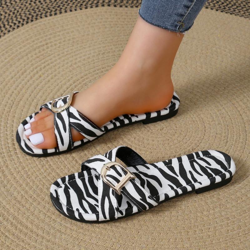 Shoes for Women 2024 Brand Leopard Print Women's Slippers Fashion Belt Buckle Daily Slippers Women Summer Peep Toe Flat Slippers