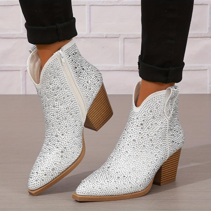 Chunky Heel Women's Ankle Boots | Pointed Toe, Faux Cover, Encrusted Side Zipper, Comfortable Block Heel & Rubber Sole (EU/US 5-11)