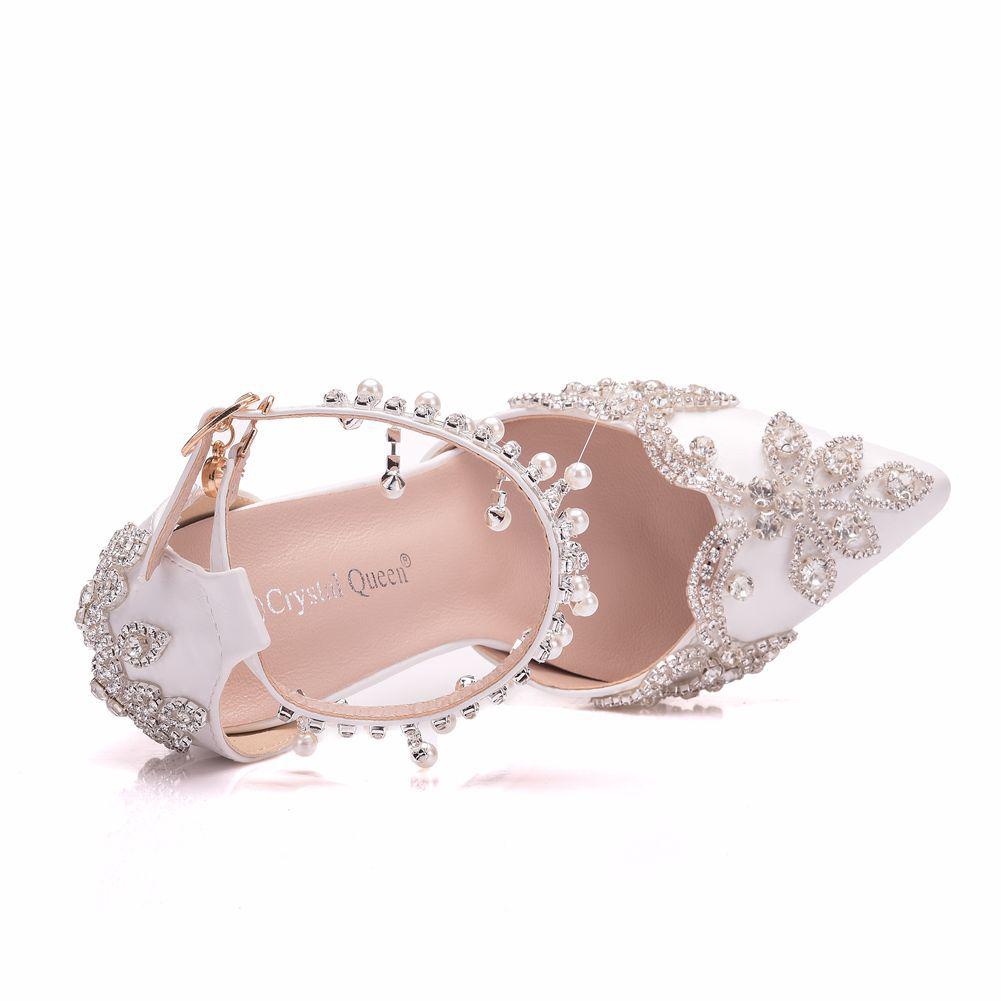 New White Pointed Crystal Wedding Shoes Thick Heels Super High Heels Bridal Shoes One-line Buckles Tassel Rhinestone Women's Sandals