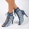 Fashion 2024Sexy Peep Toe Denim Ankle Boots Women Stiletto High Heels Gladiator Summer Booties Woman Zipper Cross-Tied Dress Shoes