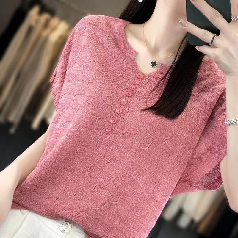 Summer Women T-shirt Loose Casual Solid Color Ice Silk Short Sleeve Loose Knit Top