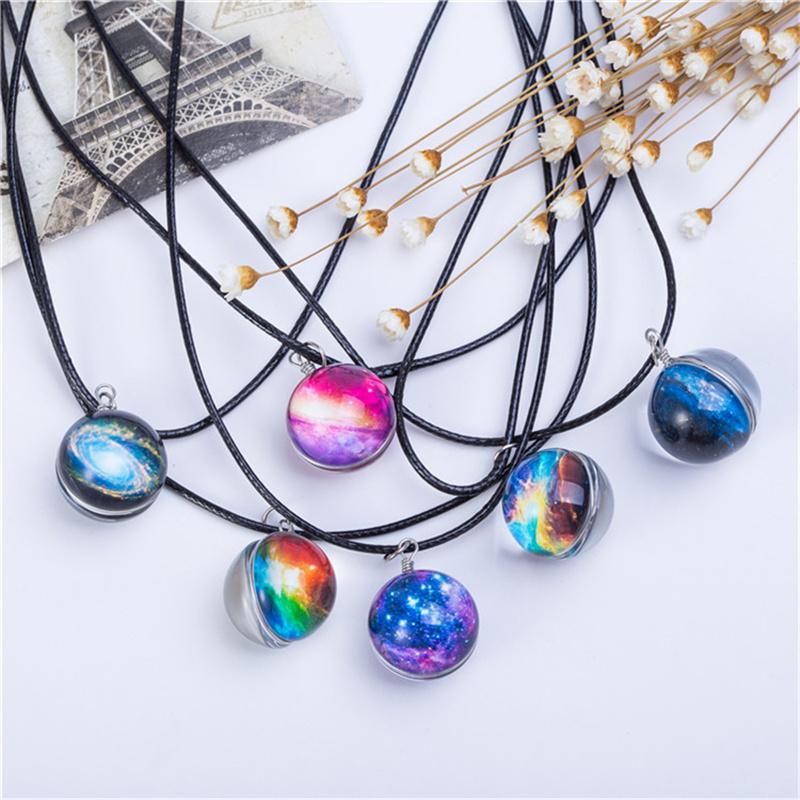 Ожерелья Duplex Planet Crystal Stars Ball Glass Galaxy Pattern Кожаная Цепочка Подвески Макси Ожерелье Для Женщин Подарок Подруге