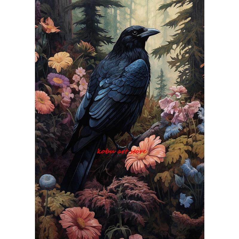 Dark Academia Raven Floral Forest Vintage Poster Gothic Crow Portrait Canvas Paintings Wall Art Print Picture Living Room Decor