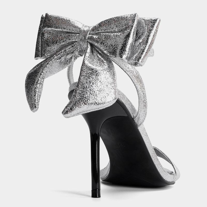 Fashion Elegant Bow Embellished Branded Heeled Sandals Women Silver Ankle Buckle Designer Shoes Luxury Wedding Bridal Shoe Zapatos Mujer