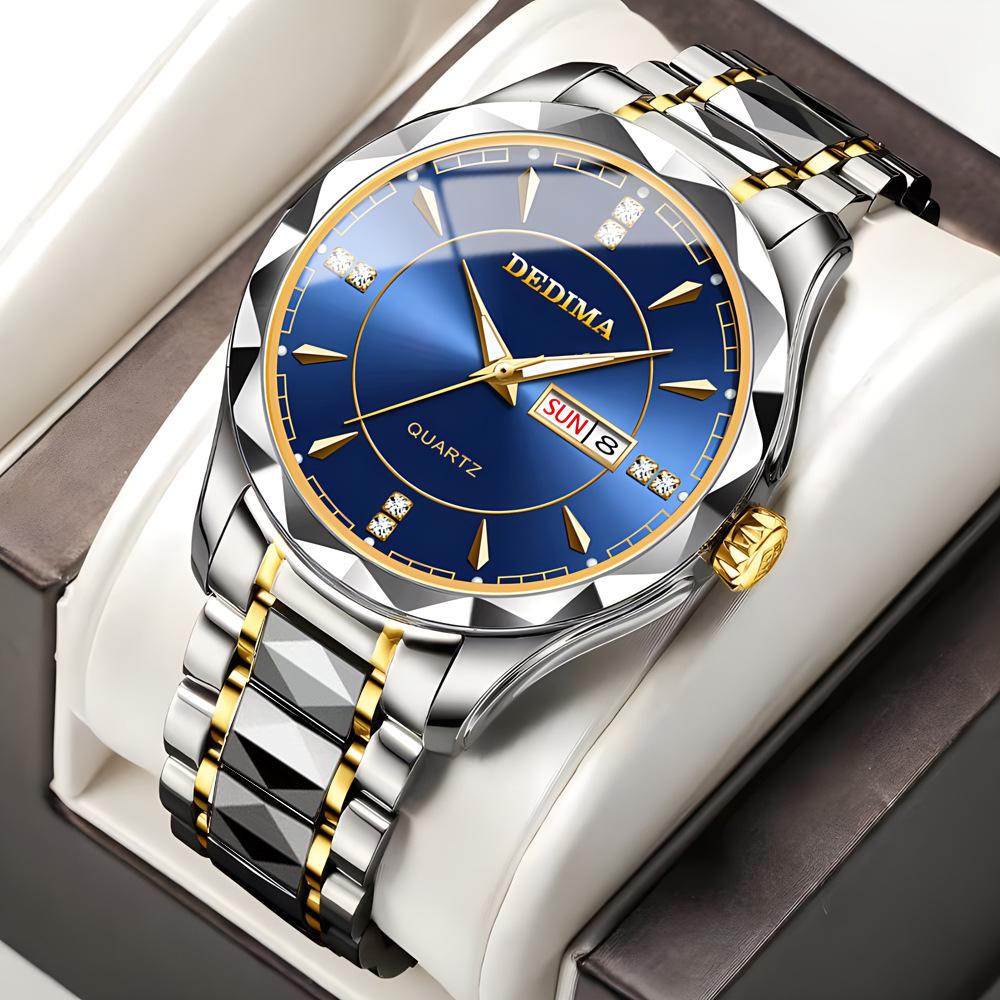 New Trend Men's Watch Men's Waterproof Tungsten Steel Style Calendar Quartz Watch Stainless Steel Date Luminous Blue Clock Business Clock