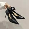 Spring  Autumn Work Shoes for Women Black High Heels Slim Heels Buckle Strap Pointed Toe Medium Heel Soft Sole Single Shoes