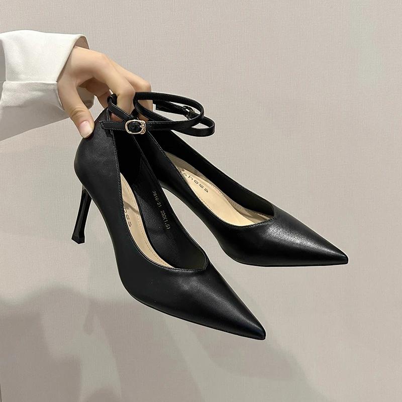 Spring Autumn Work Shoes for Women Black High Heels Slim Heels Buckle Strap Pointed Toe Medium Heel Soft Sole Single Shoes