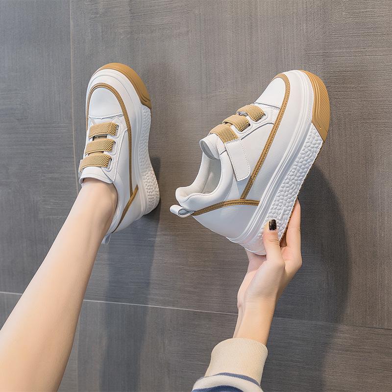 Board Shoes Women's 2025 New Leather Shoes Versatile Thick-soled Muffin Shoes Inner Height Increase Casual Women's Shoes Velcro Single Shoes