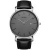 Leather Brand Simple Waterproof Analog Business Arm Watch Popular Date Quartz Silver Gray Stylish Thin Watch [BUREI] Men's Men's