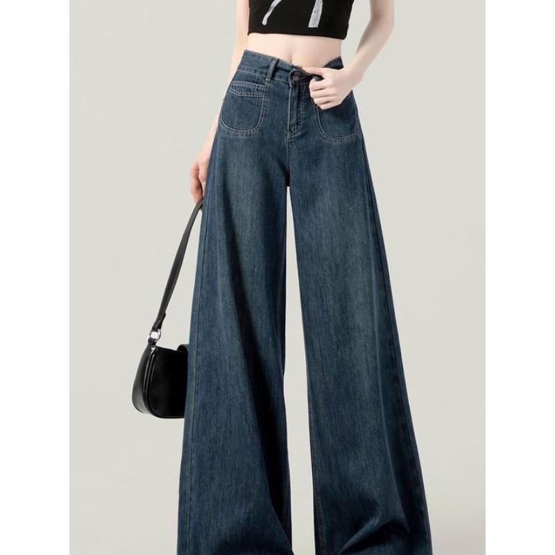 2025 Dark Blue High Waist Wide Leg Jeans Women's Summer Versatile Slimming Fall Clothes Loose Straight Pants Spring and Autumn