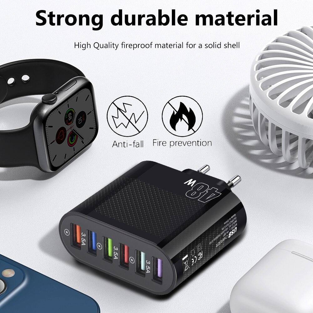 6 Port USB Charger PD 6 In 1 Fast Charging Mobile Phone Charger Adapter For Cellphone QC 3.0 Multi Ports Wall Charger US/EU Plug