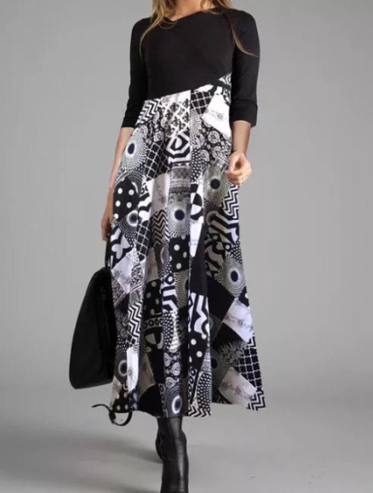 Women's Long Sleeve Black Top with Printed Maxi Skirt Dress, Bohemian Floral Geometric Pattern, Multiple Color Options