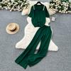 Summer Women Casual Knitted Sweater Trouser Two Piece Set Short Sleeve Pullover Tops and Wide Leg Pant Set