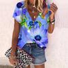 Women's Top Summer New Fashion Rose Flower Bright Flowers Printed Casual Zipper V-neck Short Sleeve Top