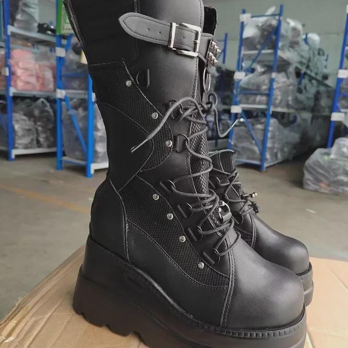 Женские рыцарские сапоги на танкетке в стиле панк 2022 года — большой размер, европейский/американский, толстая подошва, до середины икры.