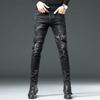 Black Jeans Men's Autumn High-end Trend Embroidery Printing Slim Spring and Autumn Models Small Foot Jeans Trousers