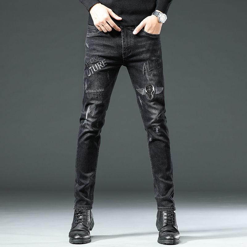 Black Jeans Men's Autumn High-end Trend Embroidery Printing Slim Spring and Autumn Models Small Foot Jeans Trousers