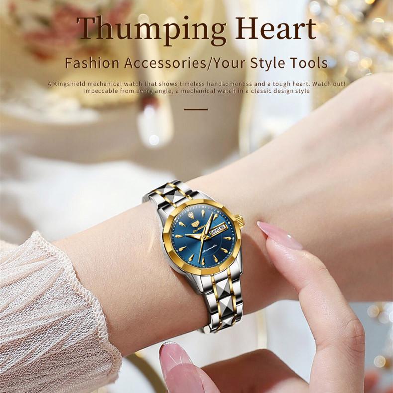 JINSHIDUN New Business and Leisure Ladies Watch Fully Automatic Mechanical Watch Tungsten Steel Double Calendar Luminous Waterproof High-end Watch