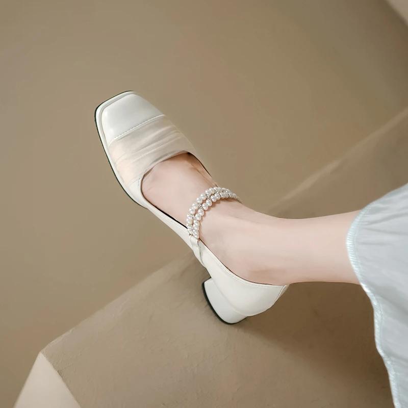 Fashion Elegant Mary Janes Shoes New Designer Square Toe Lace Pearls Buckle Strap Shallow Mid Thick Heeled Pumps Women
