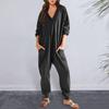 Women Fall Winter Jumpsuit V Neck Long Sleeve Loose Oversized Solid Color Pockets Deep Crotch Baggy Ankle-banded Soft Lady Pajam