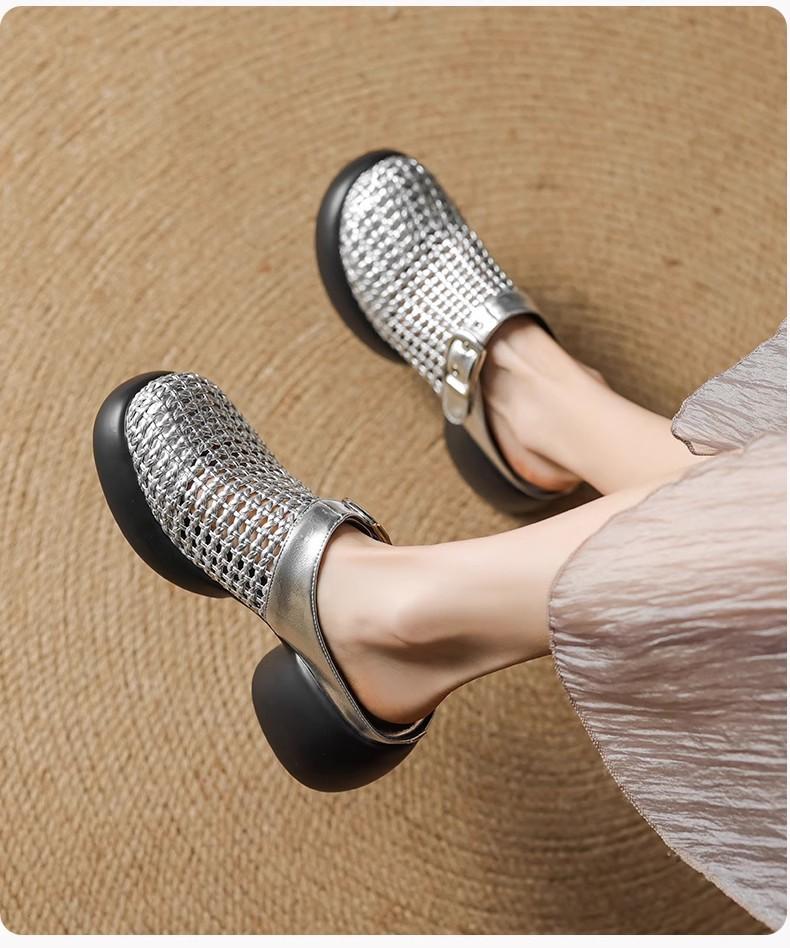 6Cm Design Feeling Thick Bottom Woven Bag Head Half Slippers Round Head Hollowed Out Outside Wearing High Heels Sandals Women