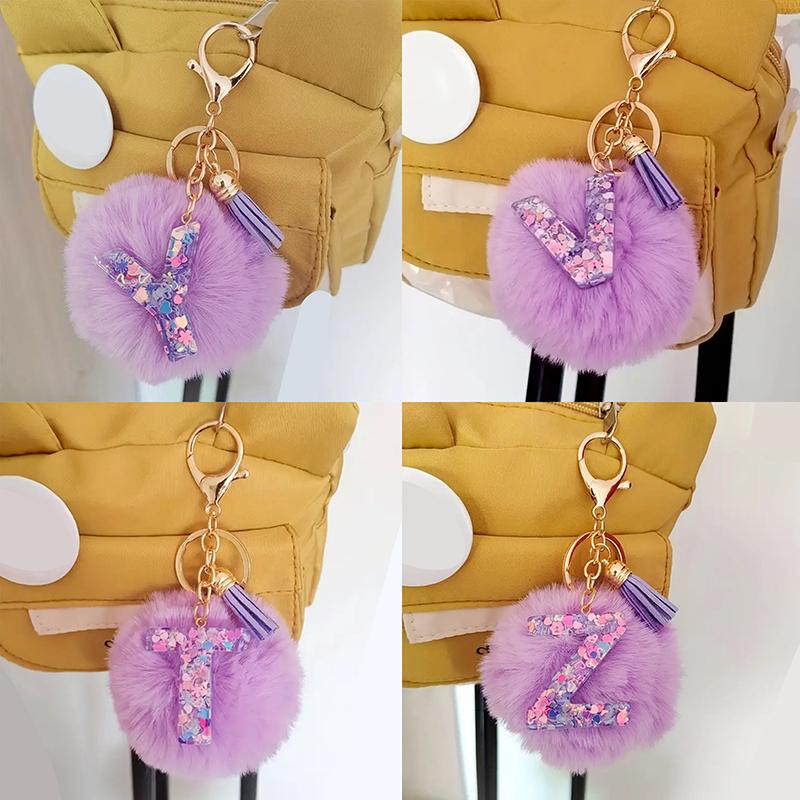 Adorable A-Z Letters Initial Keychain Sparkling Resin Alphabet Fluffy Hairball Pendant Backpack Decoration Accessories Gifts