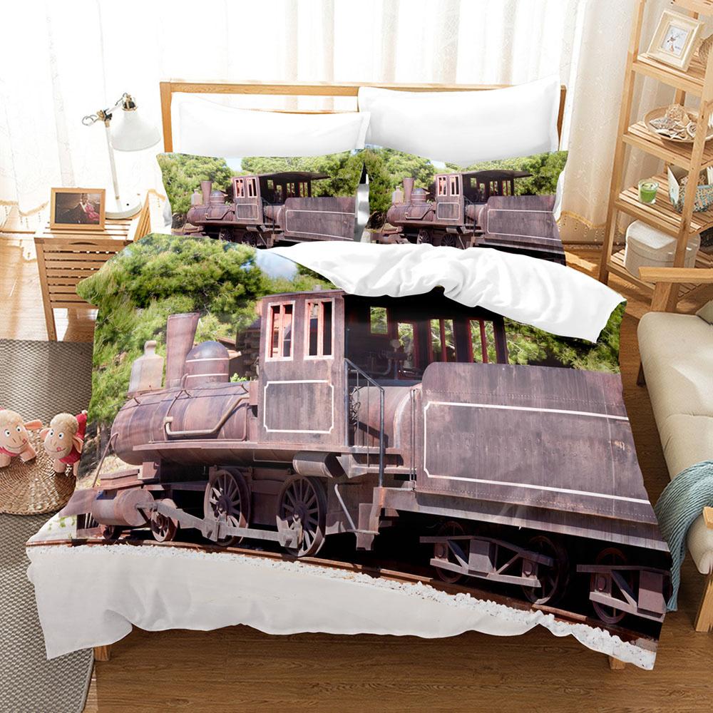Steam Engine Duvet Cover Set Locomotive Green Black Train On Steel Railway Track Travel Adventure Graphic Print King Queen Size