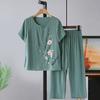 Cotton Linen Two Piece Outfit for Elderly Women Loose Floral Short Sleeve