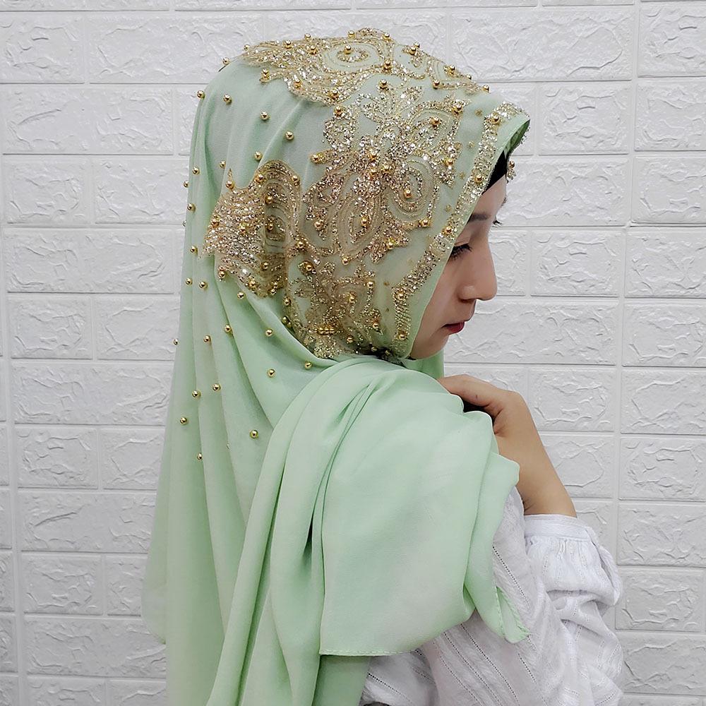 Rhinestone Beaded Chiffon Headscarf: Breathable Sun Protection Muslim Wrap In Ethnic Style