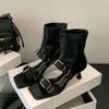 Fashion Square Toe Women Ankle Boot Sandals Design Style Narrow Band Buckle Strap Zipper Thin Heels Shoes