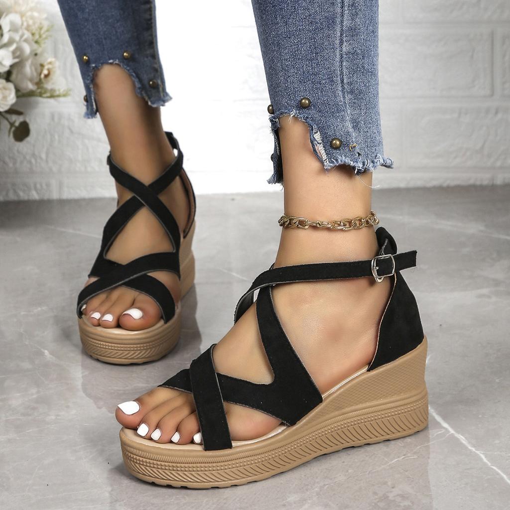 Wedges High Heel Women Summer Sandals Cross Strap Open Toe Rome Women's Shoes Casual Thick Bottom Suede Solid Sandales Femmes