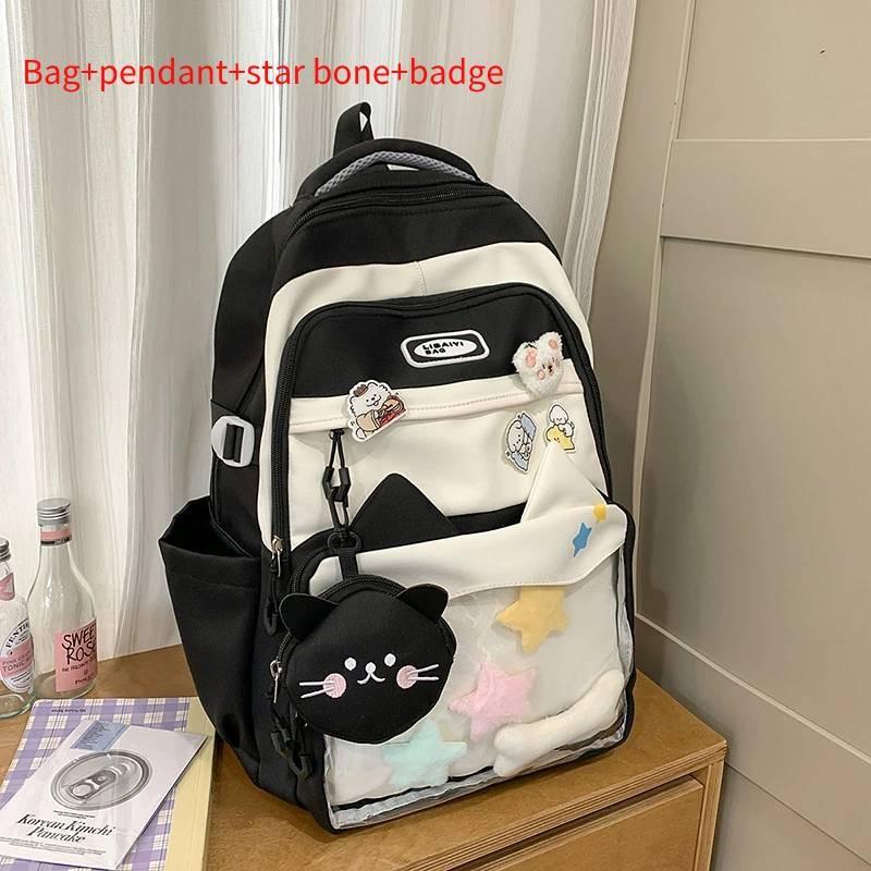 Blocked Color Fashion Cat Ear Design Student Backpack With Pendant Badge And
