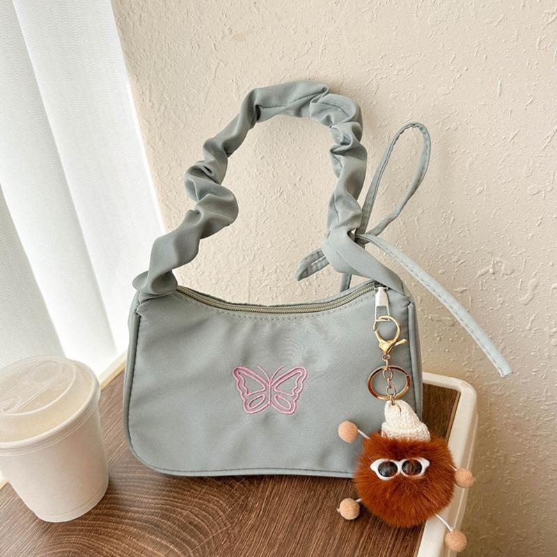 Cute Embroidered Bowknot Butterfly Shoulder Bag Women Pleated Handbag Half-moon Underarm Bag Fashion Oxford Nylon Bow Tote Bag