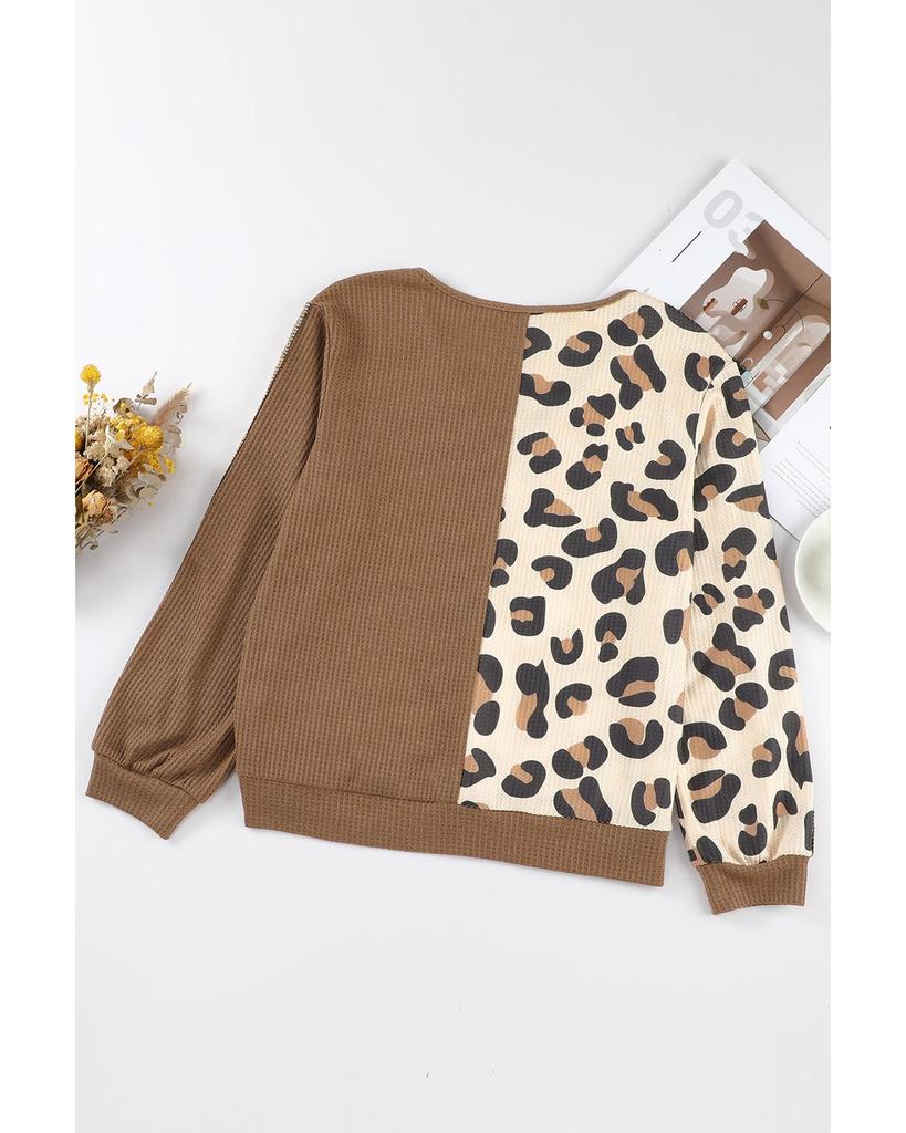 Azura Exchange Brown Leopard Splicing Waffle Knit V Neck Top