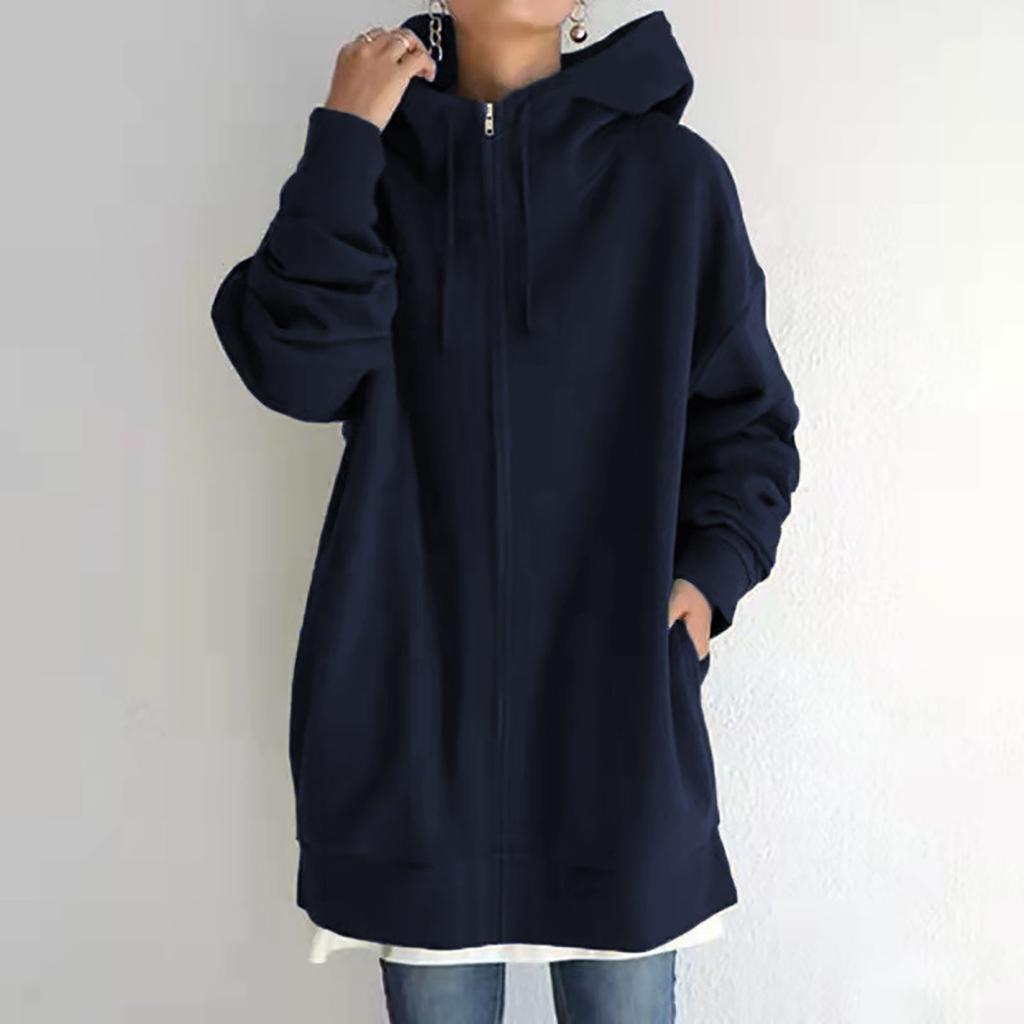Fleece Hoodie Women Women Sweatshirt Fashion Loose Solid Color Streetwear Pocket Zipper Drawstring Long Fleece Open Coat Women