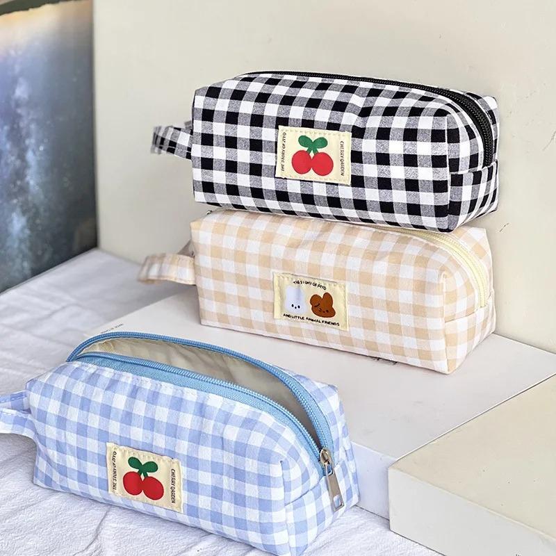 Checkboard Embroidery Pencil Bag Portable Stationery Bag High Capacity Kawaii Pens Women Girls Makeup Bags School Supplies