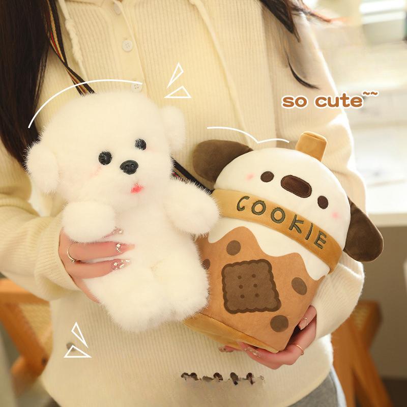 Milk Tea Cup Cute Dog Doll Crossbody Shoulder Bag Doll Creative Simulation Plush Toy Girl Best Friend Gift