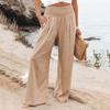 Women Casual Pants Pleated Elastic High Waist Straight Wide Leg Long Trousers with Pockets Solid Color Bohemia Style