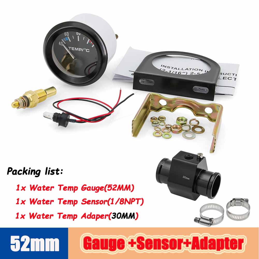 52mm Water Temperature Gauge 40-120 Celsius with Adaptor Joint Pipe Radiator 1/8NPT Sensor Car Racing Water Tank Level Indicator