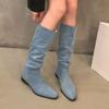 Women's Shoes 2024 Fashion Sleeve Women Boots Autumn Winter Pointed Toe Denim Solid High Tube Chunky Heels Boots Zapatos Mujer