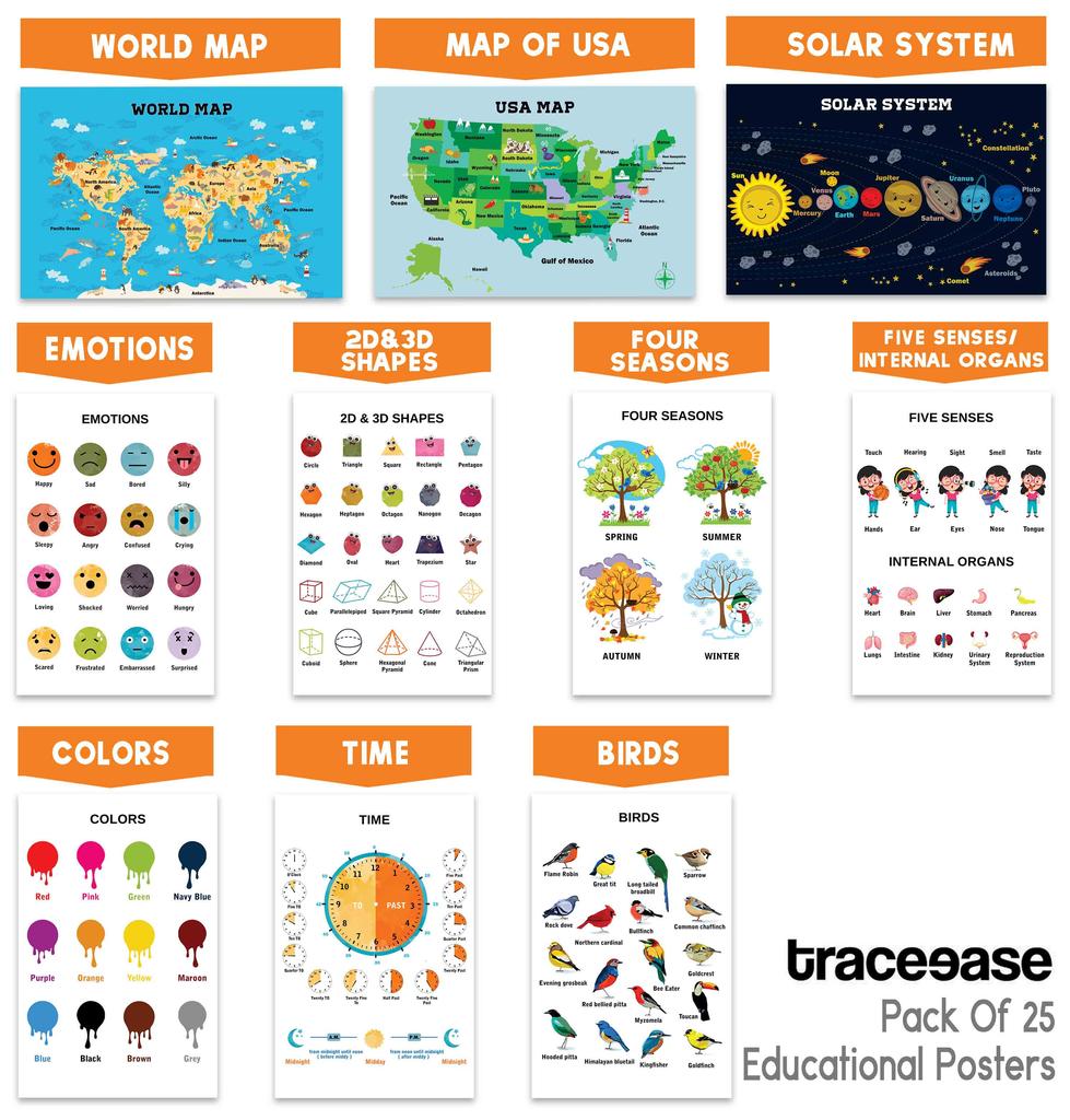 Traceease Educational Poster For Elementary School, Pack Of 25 Laminated Kids Learning Posters