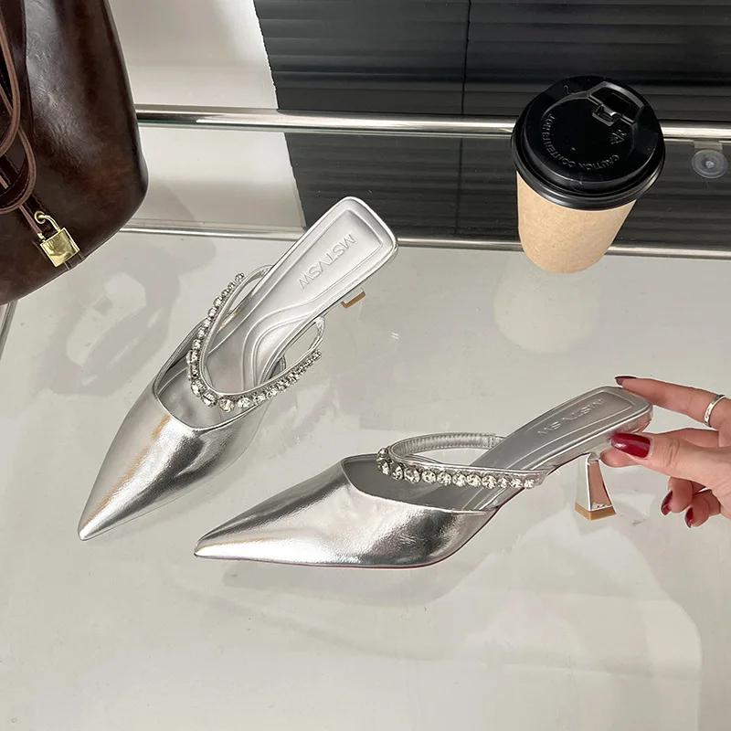 Fashion 2025 Spring New Female Black Satin Rhinester Bright High Heels Pointed Head After Empty Fashion Slippers Sandalias Mujer