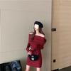 Autumn 2025 Women's Red One-Shoulder Knitted Mini Dress with Long Sleeves