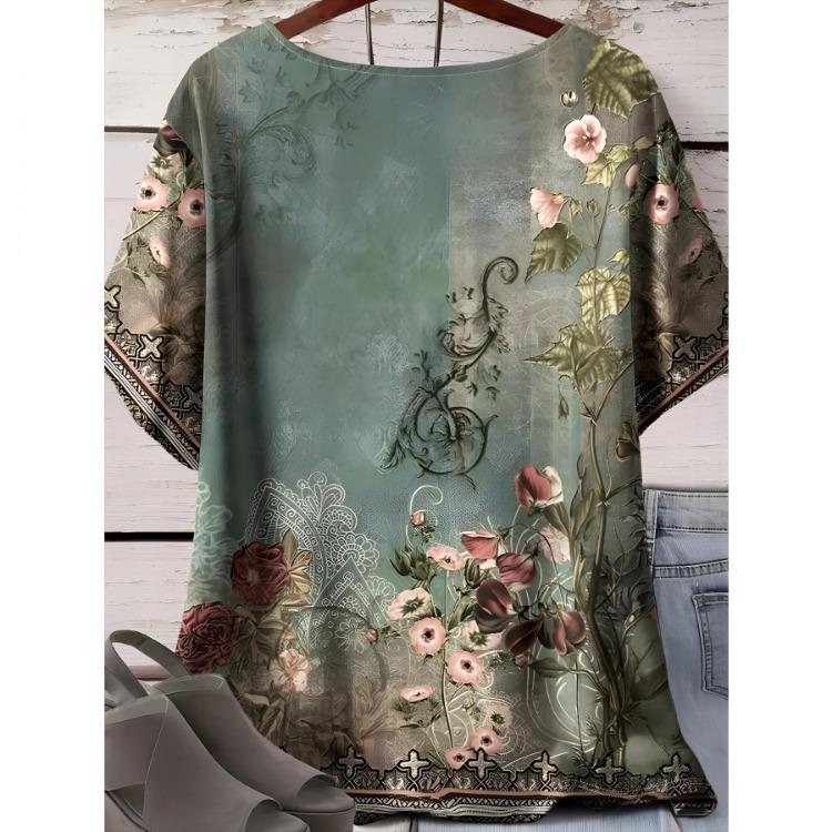 Plus Size Women Casual Comfortable Top Relaxed Fit Short Sleeve Floral Print Vibrant Pattern T-Shirt Spring Summer Outings