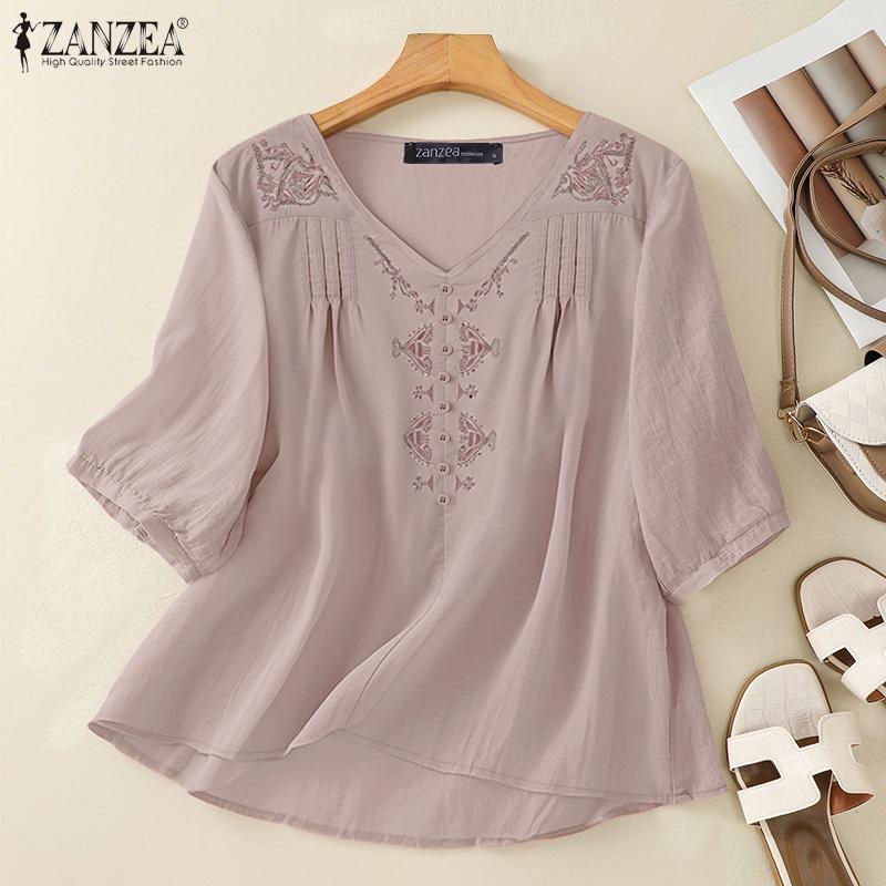 ZANZEA Women Casual V-Neck Half Sleeve Loose Embroidery Blouse
