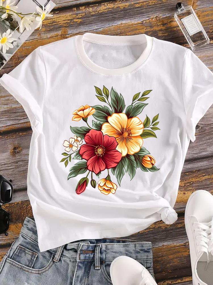 (Asian Size) Clothing T Shirt Love Heart Flower Cute Fashion Ladies Casual Women Tee Top Short Sleeve Print Lady Female Graphic T-shirts
